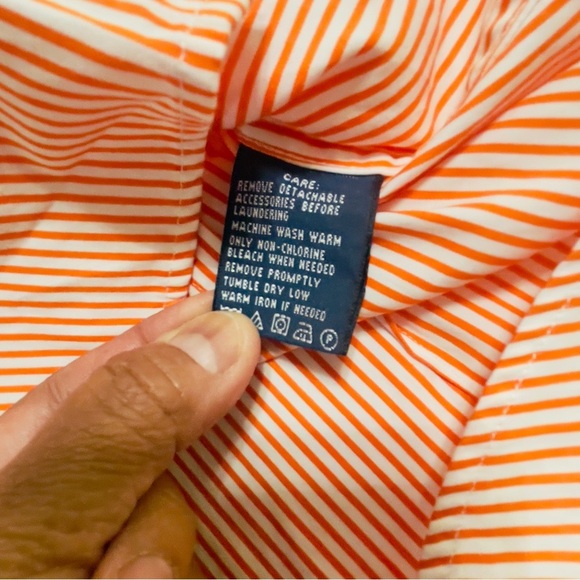 Ralph Lauren Ruffle Shirt Women Sz 14 Button UP Long Sleeve Orange White Striped - Picture 9 of 11